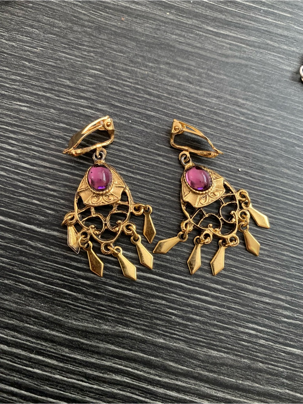 Gold-Tone Chandelier Earrings with Purple Stone
